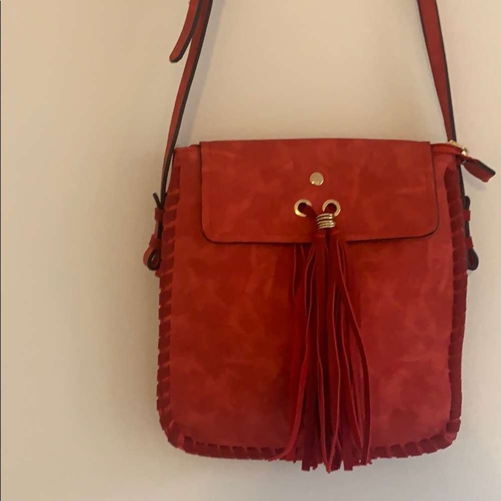 Faux suede red purse w tassel